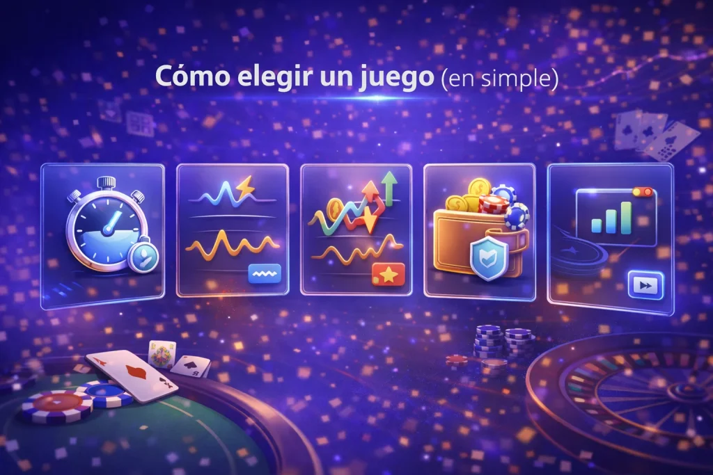 Cómo elegir un juego: ilustración tipo checklist con iconos de ritmo, volatilidad, presupuesto, límites y conexión para casino en vivo.