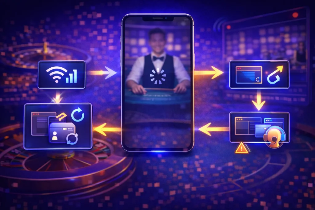 Conexión en casino en vivo: ilustración con celular y transmisión, cambio de Wi-Fi a datos, reinicio del navegador, prueba de otro navegador y captura para soporte.
