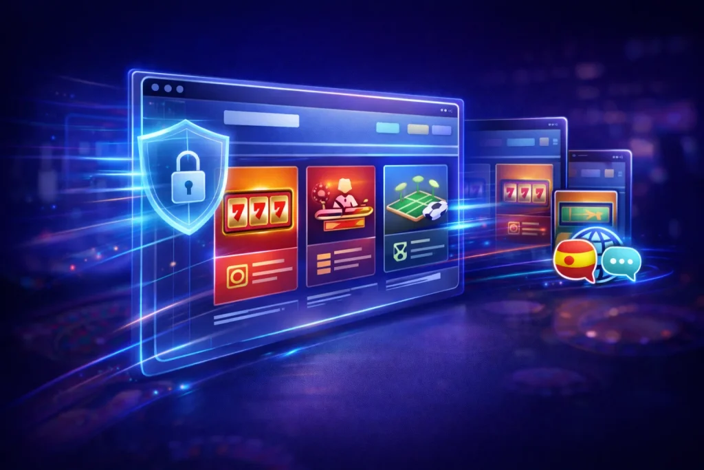 Slottica website illustration showing secure HTTPS connection, fast loading performance, clear navigation structure, and responsive design across desktop and mobile devices.