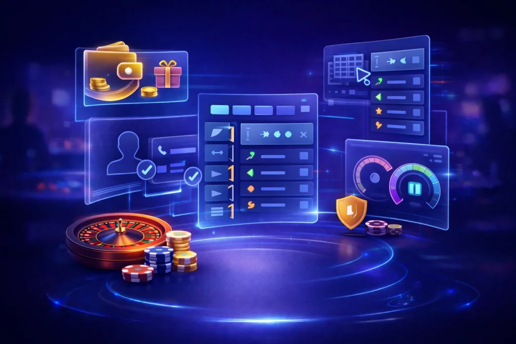 Online casino user profile management illustration with modular panels showing balance control, transaction history, personal data settings, account limits, and responsible gaming features in a modern blue digital environment.
