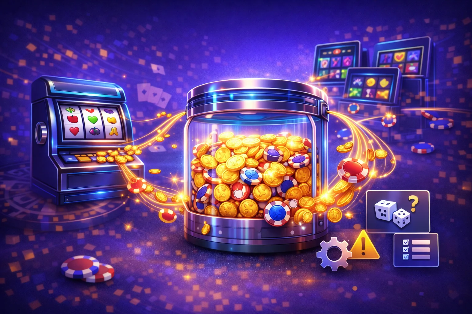 Jackpots en tragamonedas: ilustración de pozo acumulado alimentado por slots, con iconos que indican que no es garantía y que depende de reglas del juego.