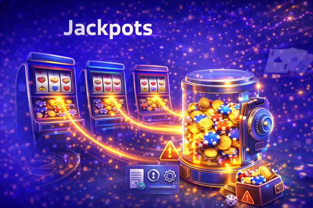 Jackpots: ilustración de tragamonedas alimentando un pozo acumulado, con iconos de condiciones y funcionamiento.