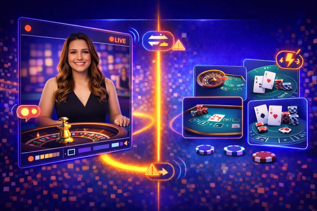 Comparación entre Live Dealers y juegos de mesa: panel en vivo con streaming y ruleta vs panel clásico digital con ruleta, blackjack y punto banco.

