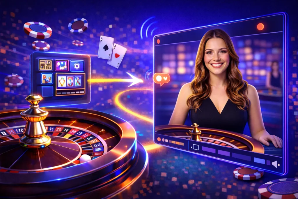 Live Dealers: ilustración de ruleta en vivo con transmisión en tiempo real, mesa con crupier y elementos de casino como fichas y cartas.
