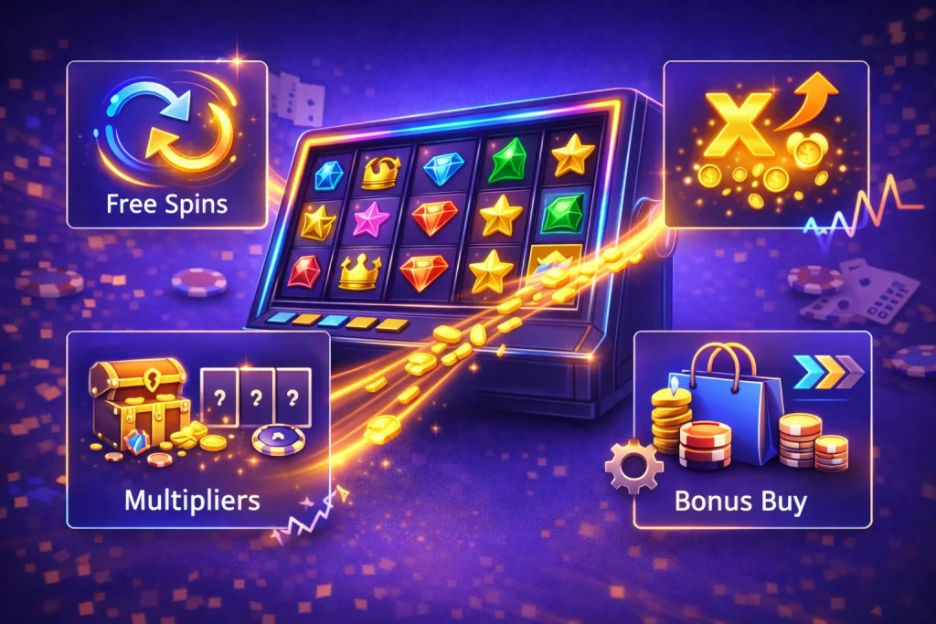 Mecánicas de tragamonedas: ilustración con iconos de free spins, multiplicadores, bonus dentro del juego y compra de bonus, en estilo guía
