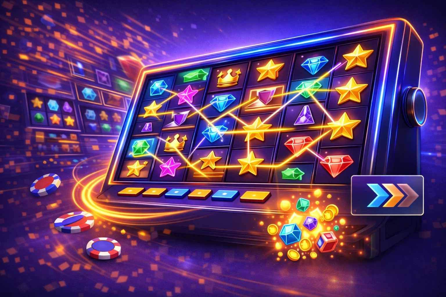 Tragamonedas multilínea: ilustración de slot con muchos carretes y conexiones tipo paylines para mostrar múltiples combinaciones y ritmo más movido.