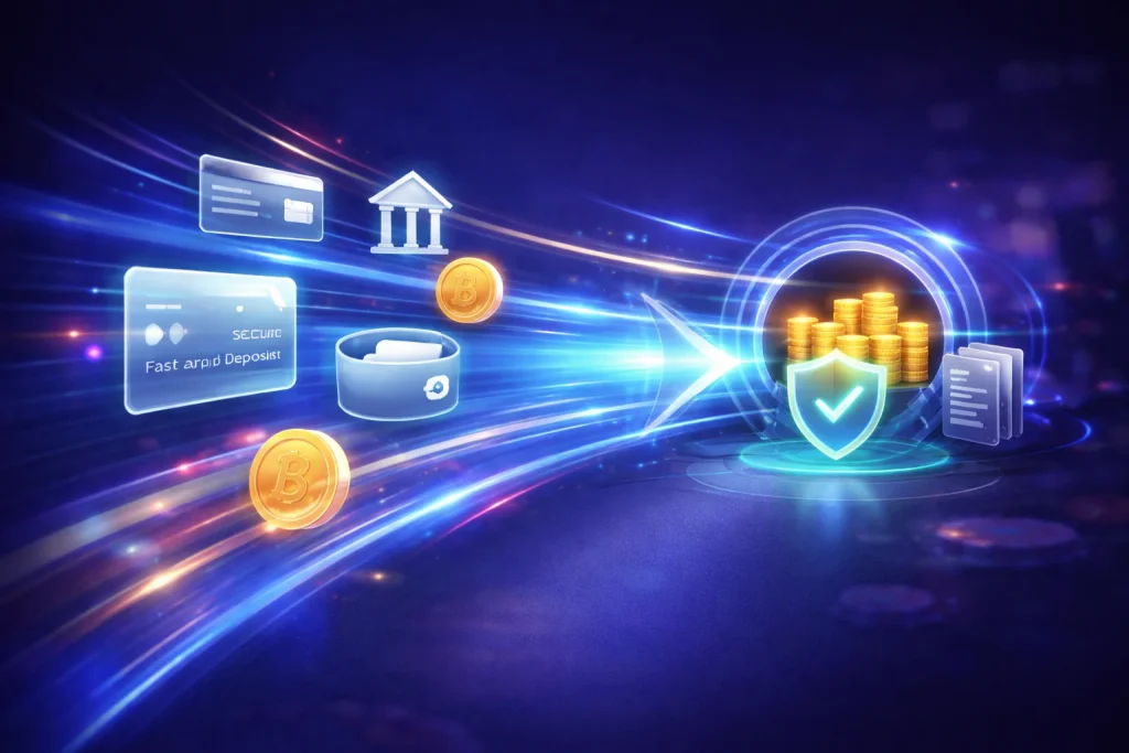 Online casino app deposit illustration showing fast in app payments, multiple deposit methods, instant processing, and secure encrypted transactions through protected payment gateways.