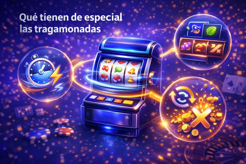 Ilustración de tragamonedas: juego rápido, variedad de estilos y momentos bonus con giros extra y multiplicadores.
