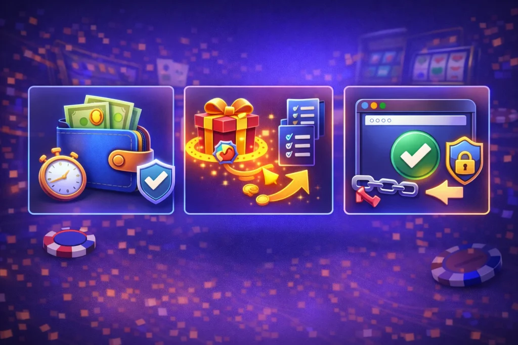 Recomendaciones para jugar desde Chile: ilustración con iconos de presupuesto, condiciones de bono y acceso seguro al sitio oficial (anti-phishing).