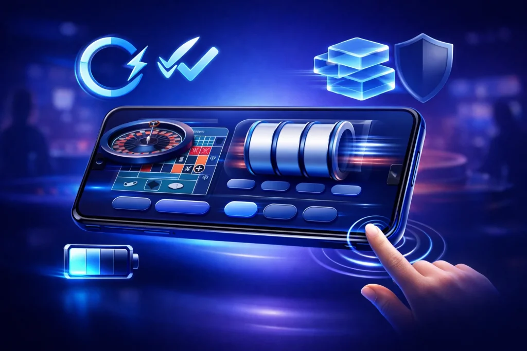 Premium 3D illustration of a fast and stable online casino mobile app, showing a futuristic smartphone with smooth game loading, responsive touch interaction, efficient performance, and reliable stability in a modern blue neon casino environment.
