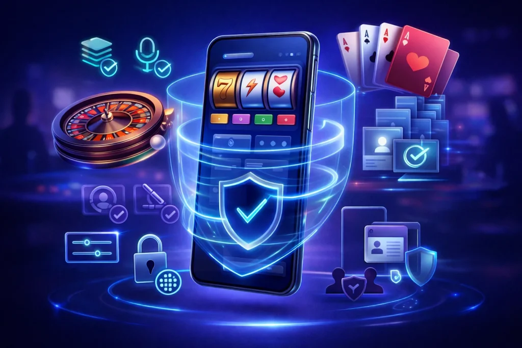 Secure online casino mobile app illustration showing protected permissions, encrypted sessions, two factor authentication, account verification, and safe data handling in a modern blue tech environment.