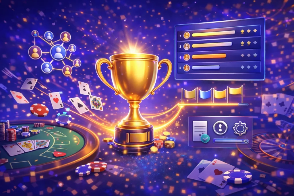 Torneos en Slottica: ilustración competitiva con trofeo y ranking, con elementos de casino como tragamonedas, ruleta, cartas y fichas.