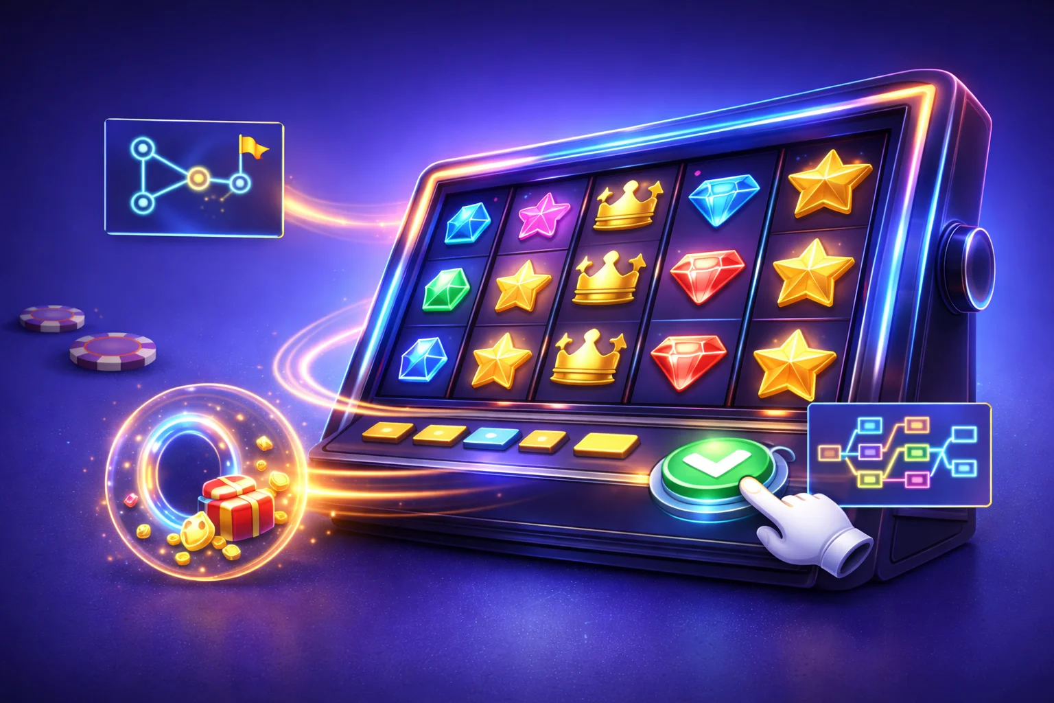 Video slots: ilustración de tragamonedas moderna de 5 rodillos con iconos de misiones, rondas bonus y múltiples formas de ganar.
