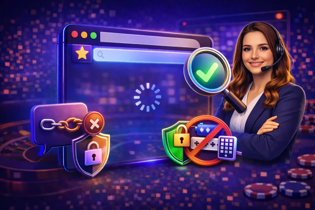 Seguridad anti-phishing: ilustración con acceso desde marcadores/URL correcta, enlace sospechoso bloqueado por escudo y recomendación de no compartir contraseña ni códigos.