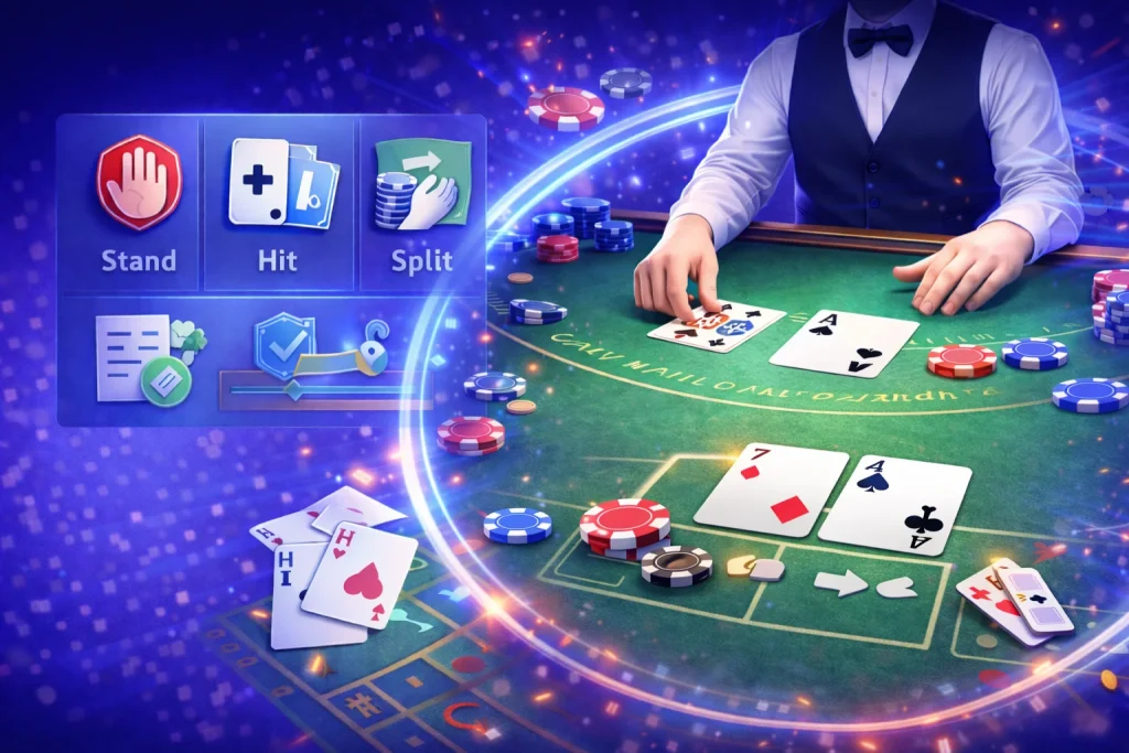 Blackjack en Slottica: ilustración de mesa de blackjack con cartas y fichas, mostrando decisiones y reglas como doblar o dividir.
