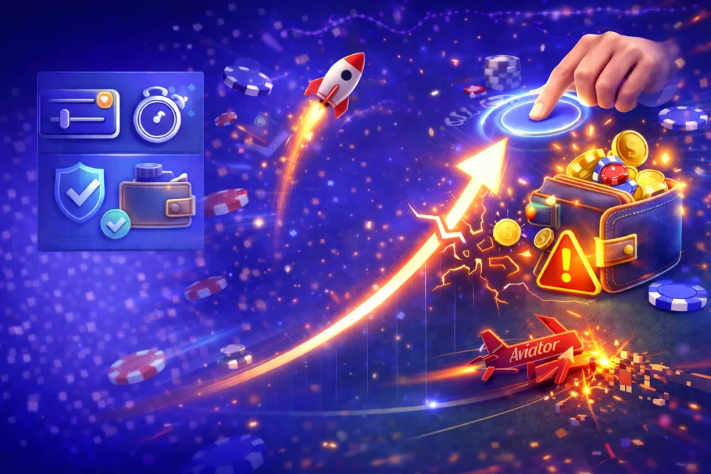 Juegos crash en Slottica: ilustración de gráfico ascendente con cohete y acción de “cash out”, con iconos de límites y juego responsable.