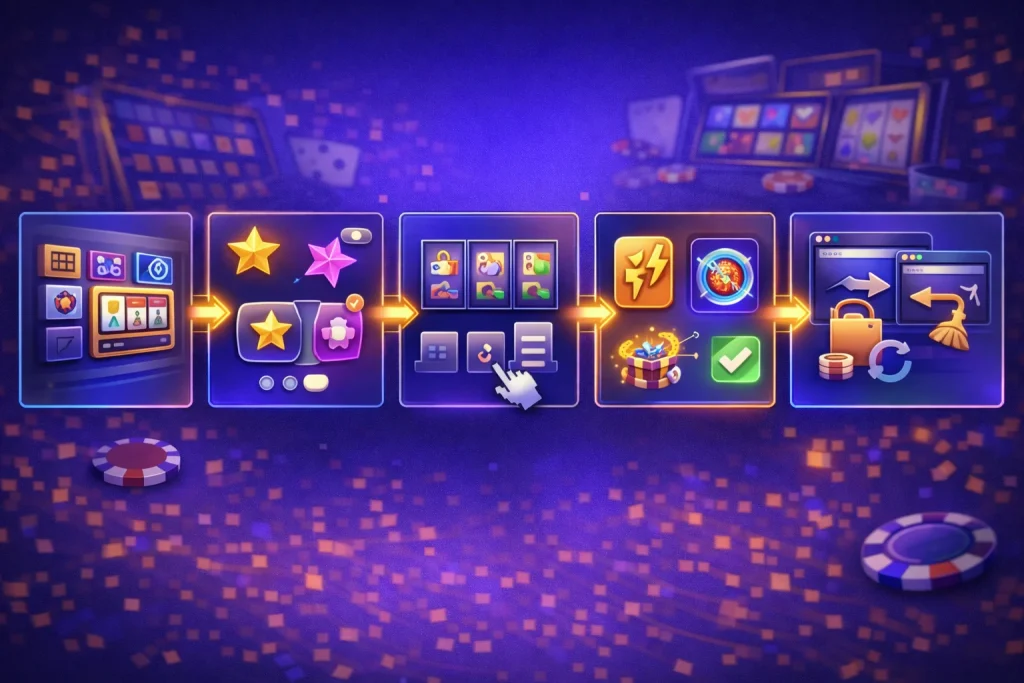 Cómo encontrar tragamonedas en el lobby: ilustración paso a paso con iconos para explorar, ordenar si está disponible, revisar reglas y resolver errores con otro navegador o limpieza de caché.