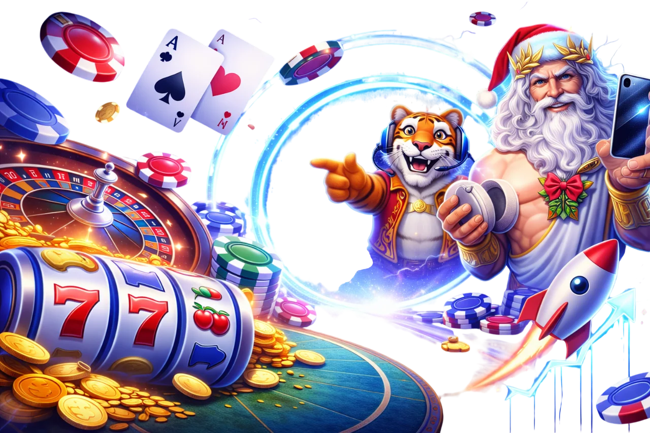 Banner de Juegos en Slottica: portal de casino con tragamonedas, ruleta, cartas, fichas y un icono de crash en una escena dinámica.