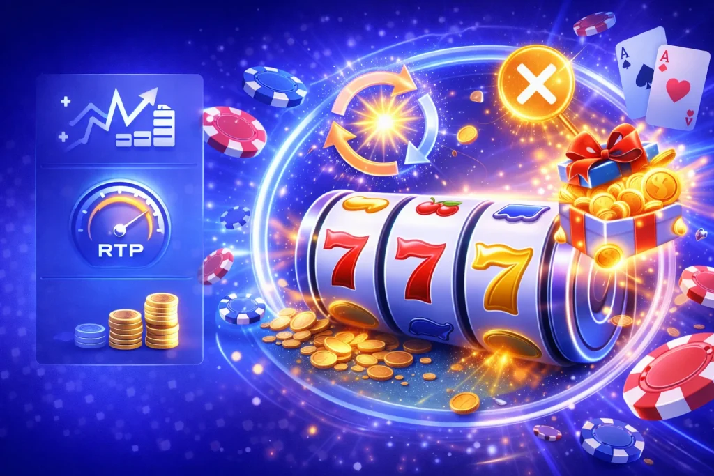 Tragamonedas en Slottica: ilustración de una máquina slot con giros extra, bonos y multiplicadores, y consejos visuales sobre volatilidad, RTP y rango de apuesta.
