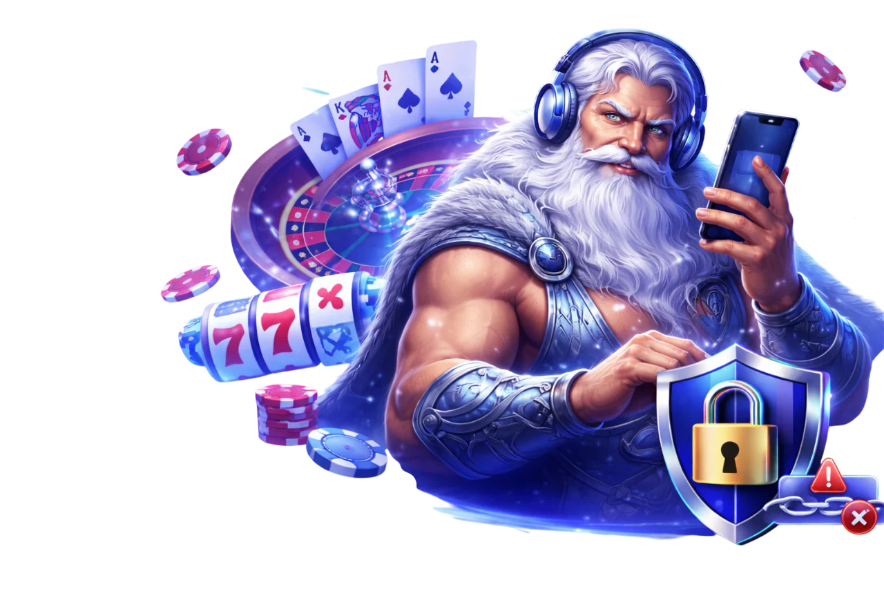Banner de seguridad y acceso: personaje estilo Zeus/Santa con smartphone, escudo y candado, acompañado de ruleta, cartas y fichas.
