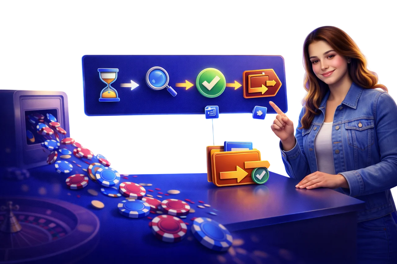 Banner de retiros en Slottica Chile: mujer chilena con proceso de retiro, estados del retiro (en revisión, aprobado o rechazado) y referencia a tiempos