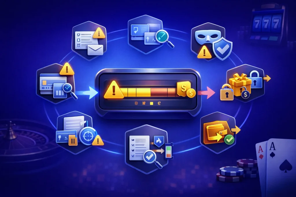 Motivos de demora o rechazo en retiros: panel visual con alertas sobre datos incorrectos, KYC pendiente, método no disponible, duplicados, VPN, bonos activos y límites del monto.
