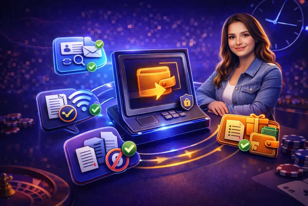 Checklist antes del retiro: terminal de retiro con cinco sellos de verificación (datos, método a nombre, bono, sin duplicados, conexión estable sin VPN).