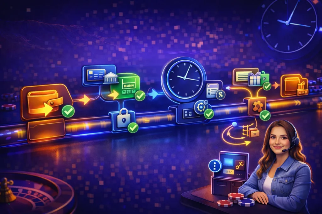 Tiempos de retiro: línea de procesamiento con factores como método, verificación KYC, horarios de validación y condiciones de bonos, con referencia visual a la caja.