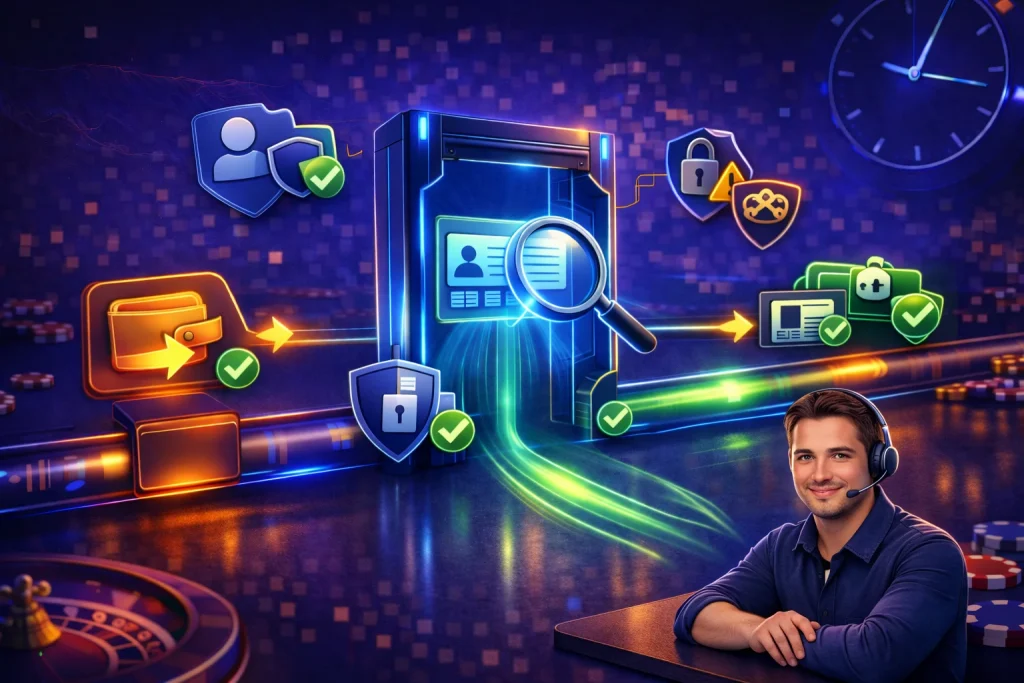 Verificación KYC: ilustración de un portal de seguridad que valida identidad para proteger la cuenta, prevenir fraude y permitir que el retiro avance.