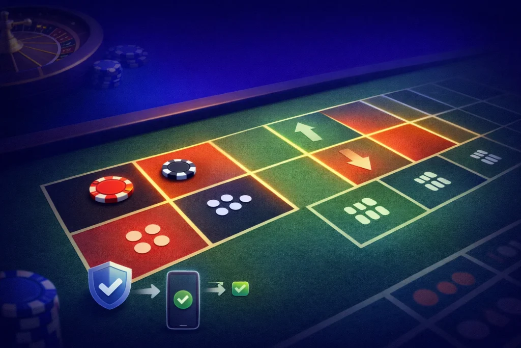 Apuestas externas en ruleta: tapete con zonas resaltadas para rojo/negro, par/impar, altos/bajos, docenas y columnas, con iconos simples.