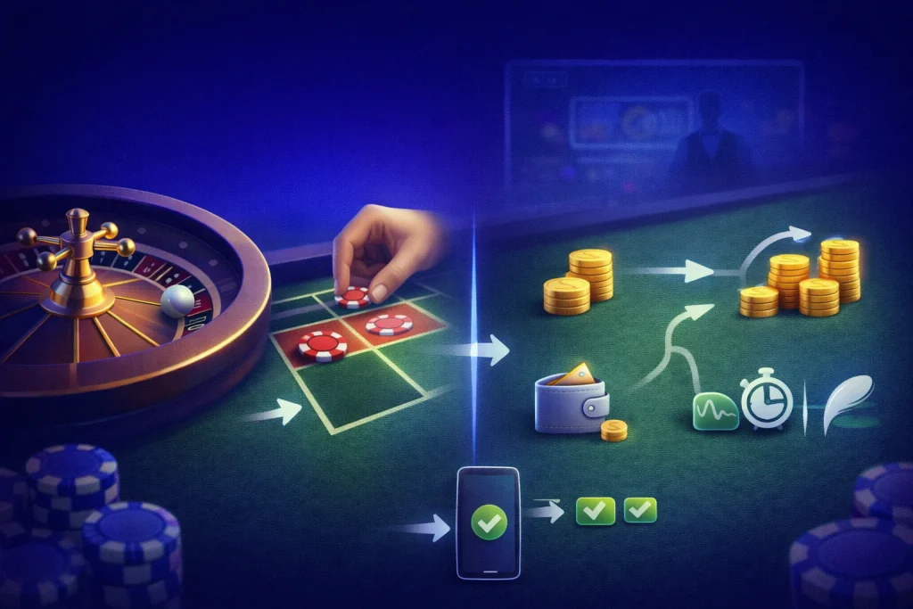 Ruleta básica: rueda con bolita, ficha apostada a un resultado o grupo, pago según tipo de apuesta y controles de presupuesto, riesgo y ritmo.