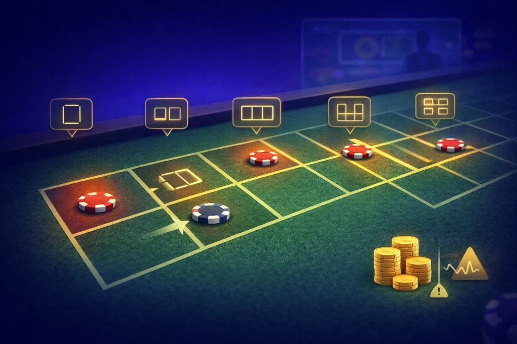 Ruleta básica: rueda con bolita, ficha apostada a un resultado o grupo, pago según tipo de apuesta y controles de presupuesto, riesgo y ritmo.