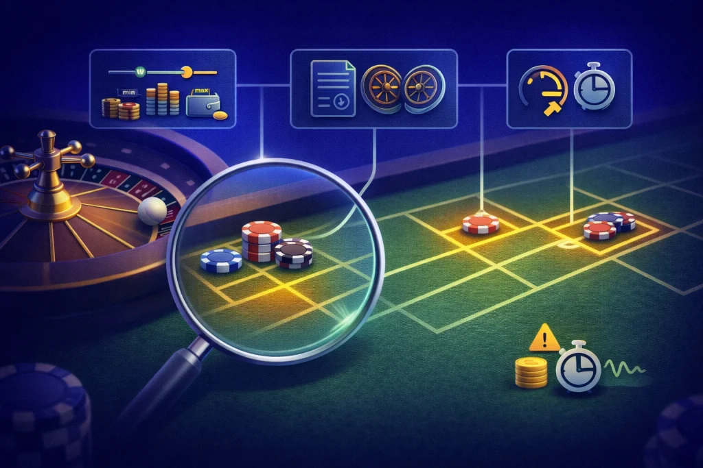 Antes de jugar ruleta: ilustración con lupa revisando límites de mesa, reglas/variante y ritmo, para elegir una mesa que calce con tu presupuesto.
