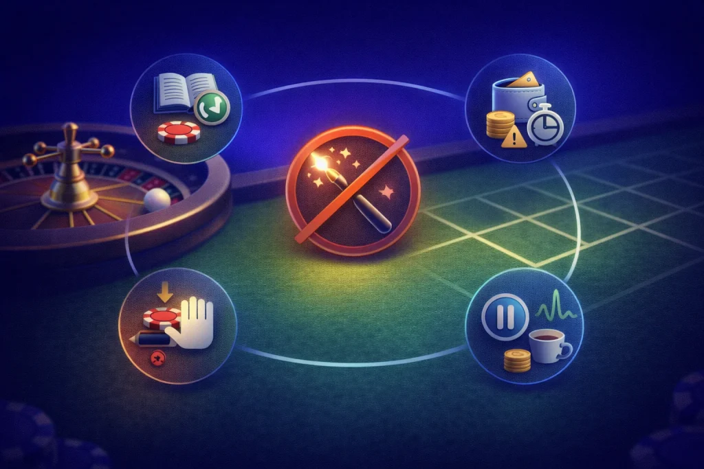 Estrategias de ruleta sin promesas: ilustración con consejos prácticos de presupuesto, apuestas simples, no perseguir pérdidas y tomar pausas, sin “fórmulas mágicas”.