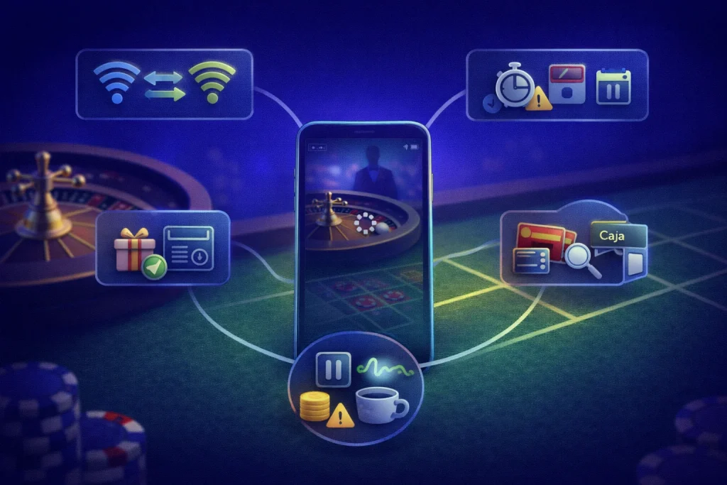 Consejos para jugar desde Chile: ilustración con celular, cambio de Wi-Fi a datos y navegador, sesiones cortas, revisión de condiciones de bono y consulta de pagos/Caja para retiros