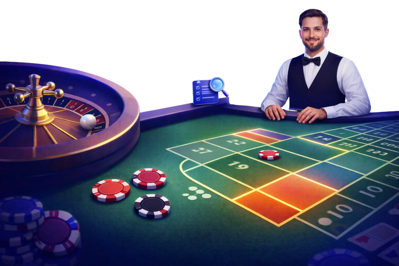 Banner de ruleta online en Slottica Chile: crupier masculino en mesa en vivo con rueda de ruleta y ejemplos visuales de apuestas simples y precisas