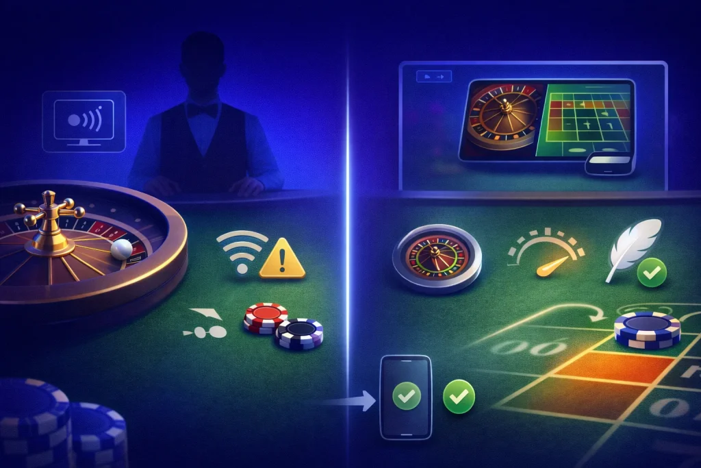 Comparación de ruleta en vivo y ruleta digital: mesa con crupier y streaming vs versión clásica más liviana, con iconos de conexión y uso en celular.