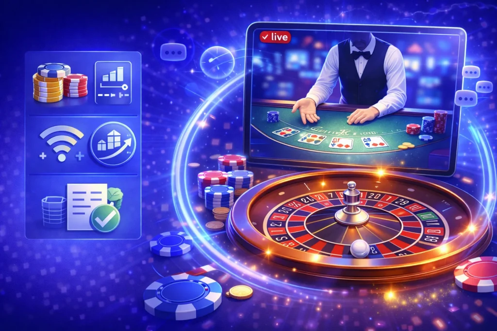 Casino en vivo en Slottica: ilustración de ruleta y blackjack con crupier en tiempo real, con iconos de límites de mesa, conexión y reglas.