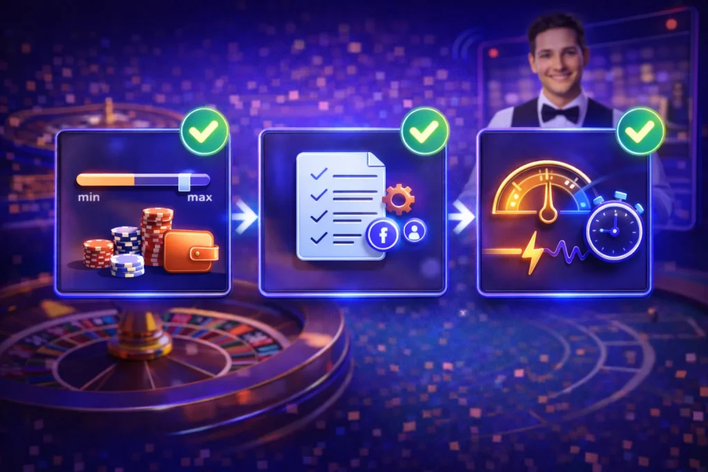 Cómo elegir una mesa en vivo: ilustración con tres tarjetas de verificación para límites, reglas y ritmo antes de apostar.
