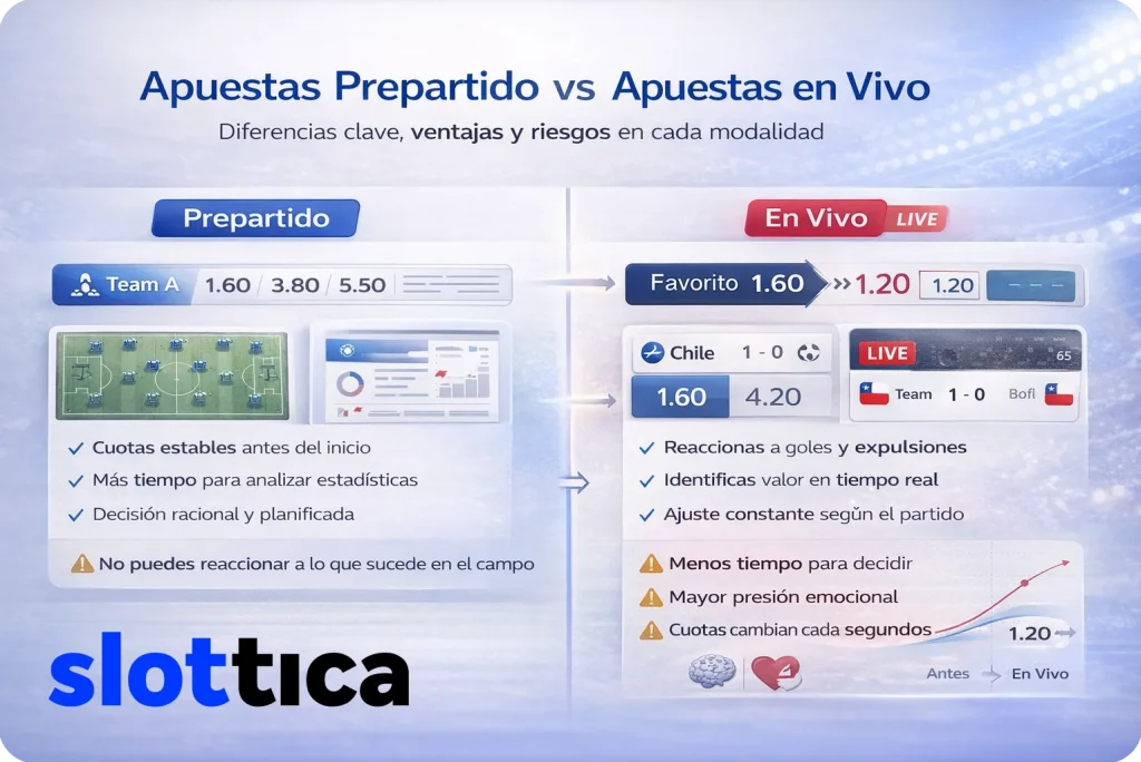 Comparativa visual entre apuestas prepartido y apuestas en vivo con cambios de cuotas en tiempo real.