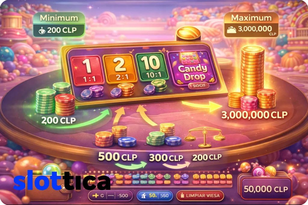 Sweet Bonanza CandyLand betting limits illustration showing minimum and maximum bets, chip distribution strategies, and bankroll management concepts.