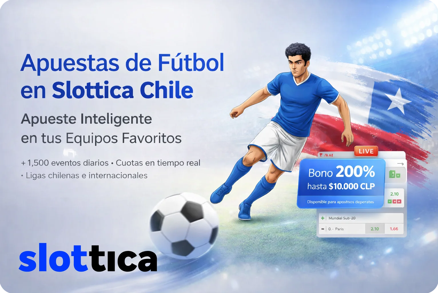 Banner de apuestas de fútbol en Slottica Chile con jugador en acción y cuotas competitivas en tiempo real.