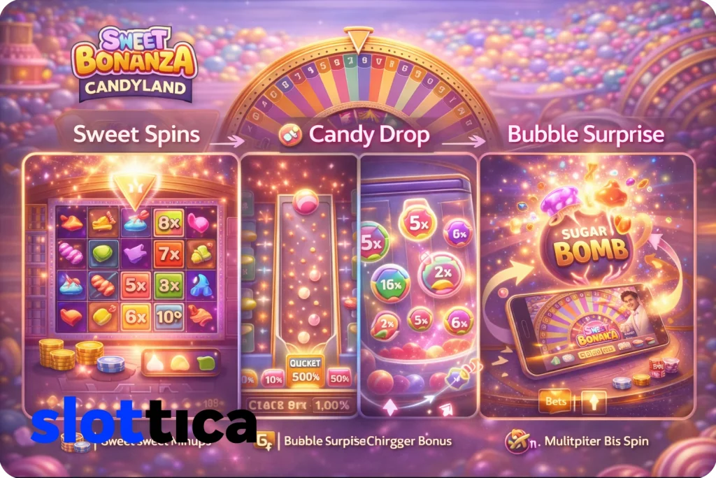 Sweet Bonanza CandyLand bonus features illustration showing Sweet Spins, Candy Drop, Bubble Surprise, and Sugar Bomb with visual game mechanics.