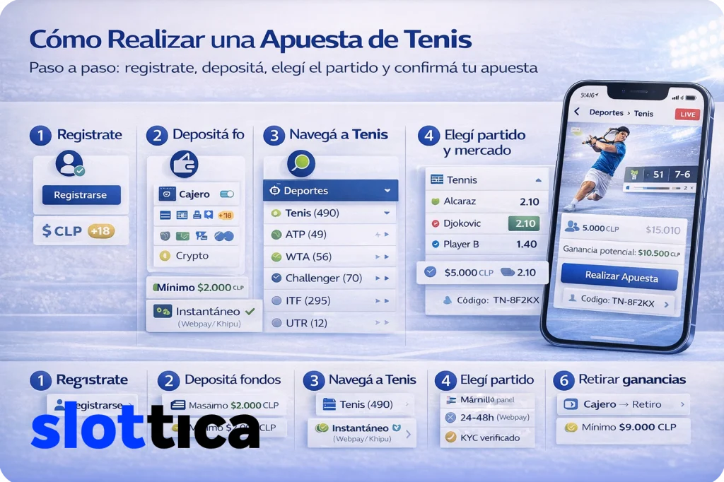 Guía paso a paso para apostar en tenis en Slottica con registro, depósito, selección de partido y confirmación.