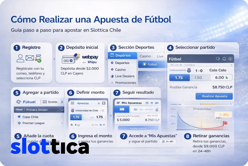 Guía paso a paso para realizar una apuesta de fútbol en la plataforma Slottica Chile.