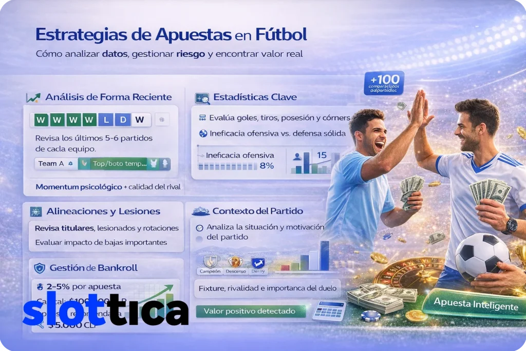 Infografía con estrategias de apuestas de fútbol, análisis de estadísticas y gestión de bankroll.