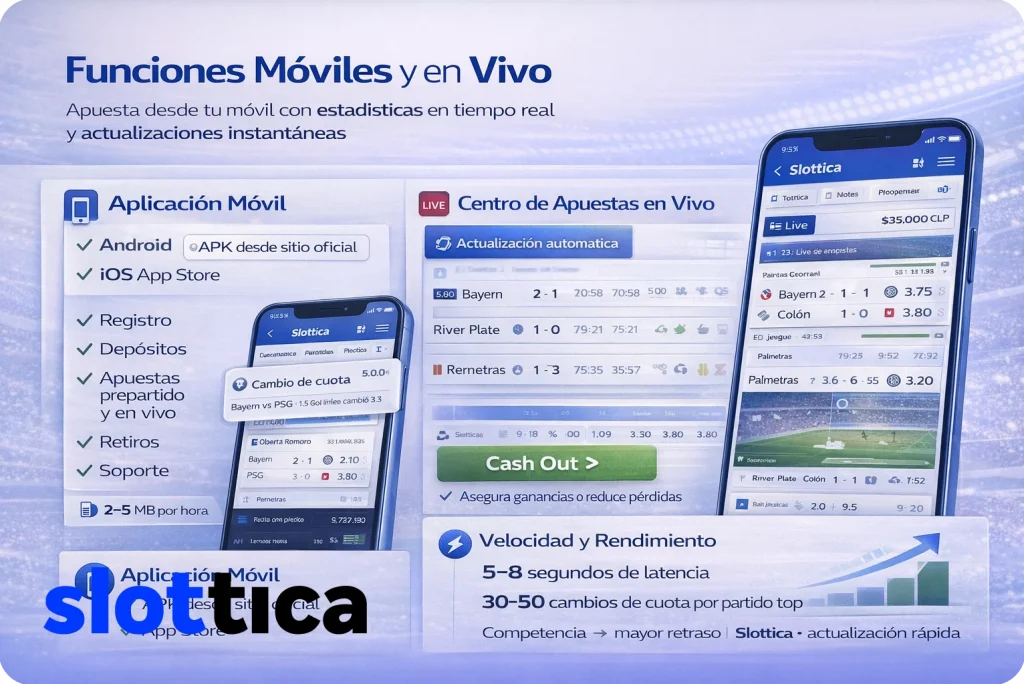 Aplicación móvil de apuestas deportivas con estadísticas en vivo y actualización automática de cuotas.