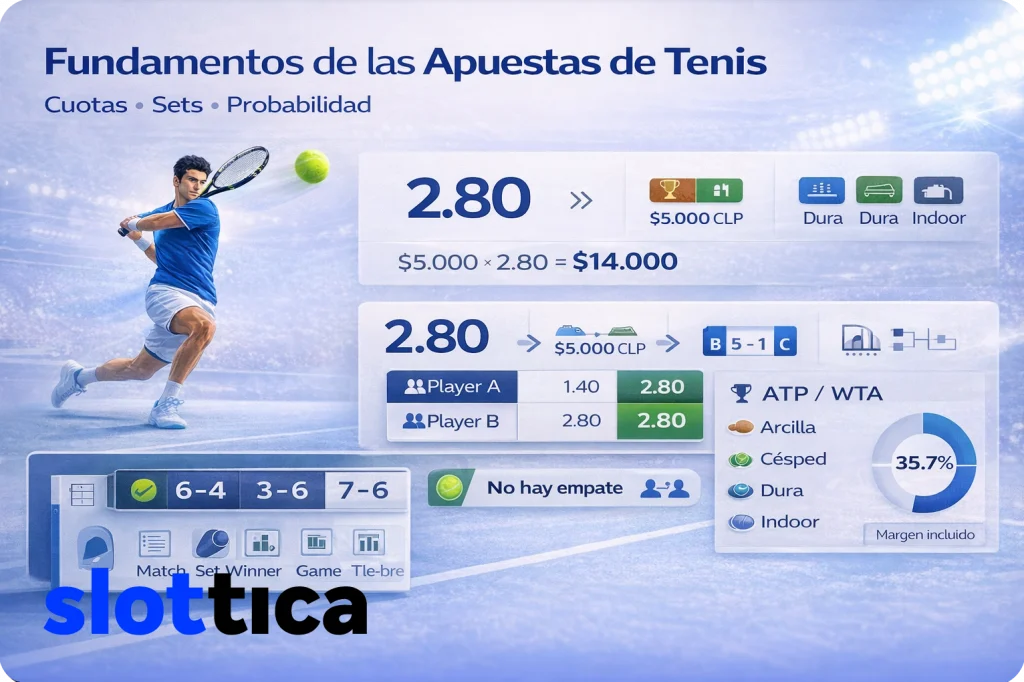 Infografía educativa sobre apuestas de tenis explicando cuotas decimales, sets y cálculo de ganancias.