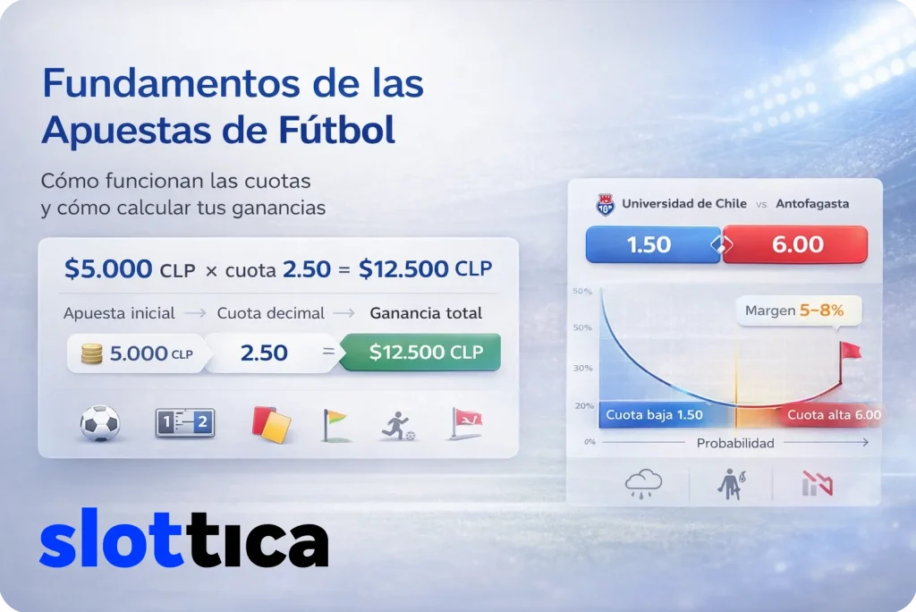 Infografía educativa sobre fundamentos de apuestas de fútbol y funcionamiento de cuotas decimales.