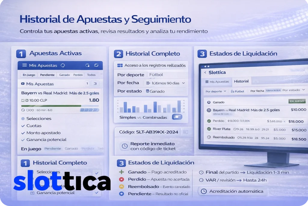 Panel de historial de apuestas mostrando tickets activos, estados y seguimiento de resultados.
